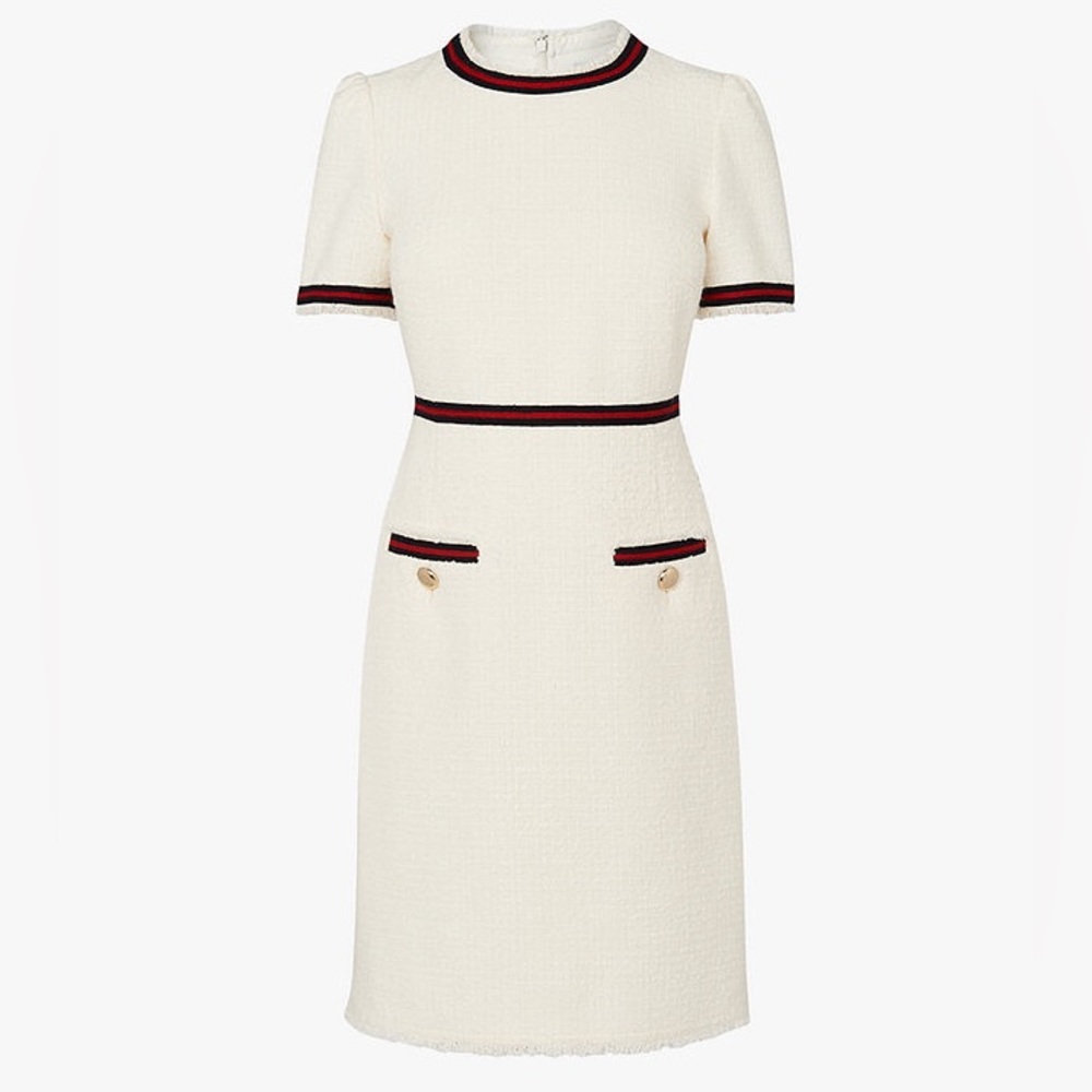 NWT L.K. Bennett Leni Tweed Cream Shift Dress with Fringe